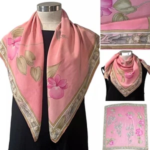 LEONARD Paris Pink Silk Crepe de Chine Floral Scarf, Handroll Hem 86x86cm - Picture 1 of 13