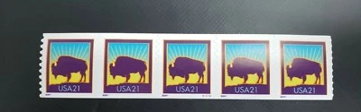 SCOT 3475 American Bison 21c 2001 COIL STRIP OF 5 w/PLATE  #V2222 MNH FREE SHIP  - Image 1 of 3