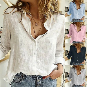 Women's Long Sleeve Cotton Linen Shirt Elegant Casual Button Down Blouse Tops - Picture 1 of 19