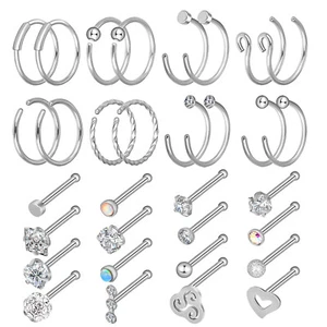 32Pcs C-Shaped Nose Ring Hoop Set Bone Studs Surgical Steel Piercing Jewelry 20G - Picture 1 of 6