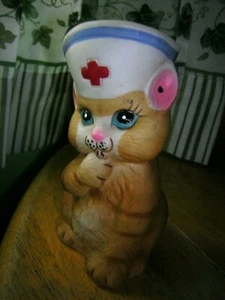 Jasco CoinBank Kitty Nurse RedCross Hand painted Ceramic MissingScope GUC - Picture 1 of 3