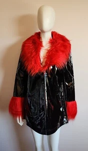 Superforme Tyler Ladies Gloss Black Vinyl Coat With Red Faux Fur Trim Size L New - Picture 1 of 11