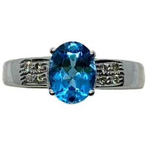 Nuevo 14k Oro Blanco Vívido Brillante Facetado Oval Diamante Azul Topacio Ring 7 - Imagen 1 de 9
