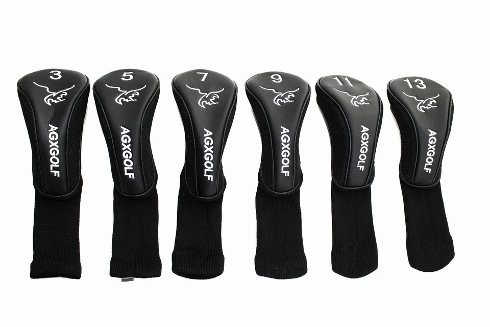 AGXGOLF Golf Club Head Covers Long Neck Set of Black for 3, 5, 7, 9, 11 & 13WD