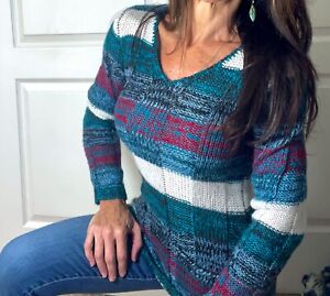 Womens V Neck Sweater M Knit Colorblock Long Pockets Colorful Acrylic Flirt
