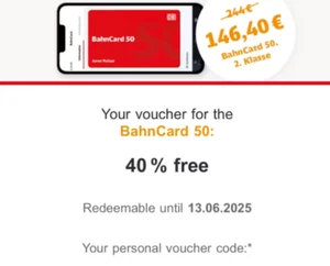 BahnCard 50 BC50 Deutsche Bahn 40% Rabatt Gutschein Code - Bild 1 von 1