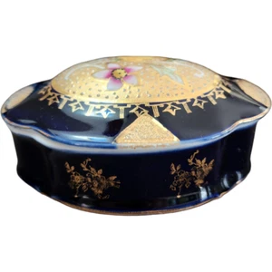 Portagioie ovale porcellana Limoges Castel blu cobalto e oro disegno floreale - Foto 1 di 5