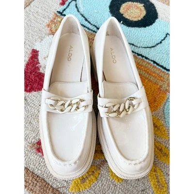 ALDO Brixtonn White Faux Patent Leather Loafers Gold Chain Details EUC Size 8.5 - Image 1 of 4