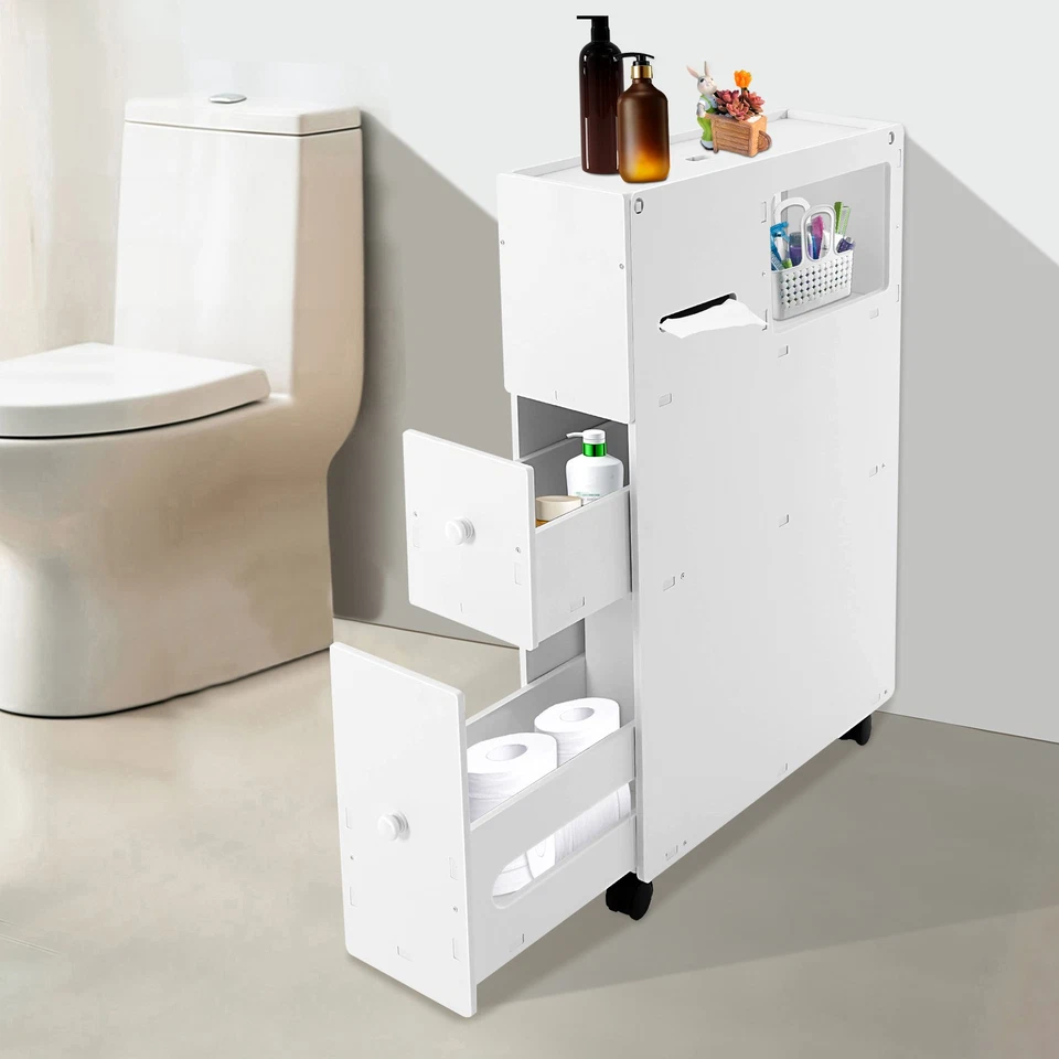 Slim Bathroom Storage Cabinet Floor Standing Toilet White Narrow Cupboard Shelf - Image 1 of 4