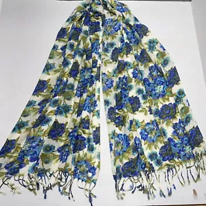 Isaac Mizrahi Live Fringe Scarf Shawl Wrap Oblong Floral Blue Green Cottage Boho - Picture 1 of 10