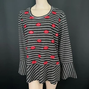 Nanette Womens Knitted Top 3XL Dark Grey Stripe Beaded Lips Long Sleeve Jumper - Picture 1 of 12