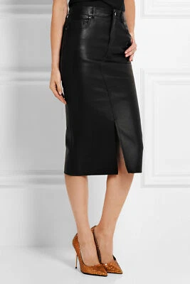 New Handmade Women Genuine Soft Lambskin Leather Skirt Above Knee Back Slit 268 - Image 1 of 4