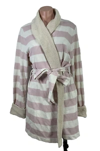 Victoria's Secret Bathrobe Womens M Pink Ivory Striped Sherpa Lined Belted - Picture 1 of 10