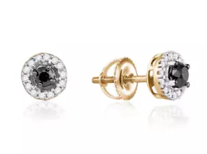 10K Yellow Gold Black Diamond Earrings Black & White Diamond Cluster Studs .20ct - Picture 1 of 5