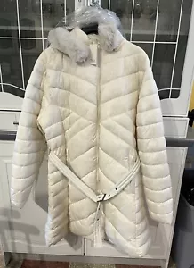 David Barry Ladies Coat With Hood Belt 2 Front Pockets Off White Size 16 BNWT - Picture 1 of 6