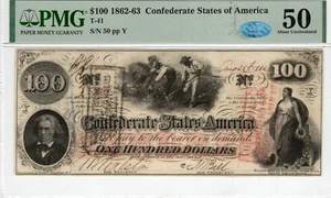 T-41 PF-2 1862 $100 Confederate Paper Money - PMG About Unc 50 - GEM - rare - Picture 1 of 2