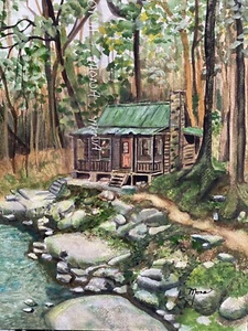 Cabin in the Woods, Watercolor , Art by Mona ~Not A PRINT~9"X12" - Picture 1 of 3