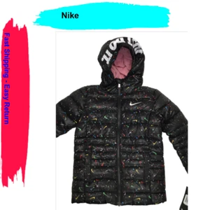 $95 Nike Girl's, Just Do It Printed Puffer Full Zip Hoodie, Black, 6X - Picture 1 of 4