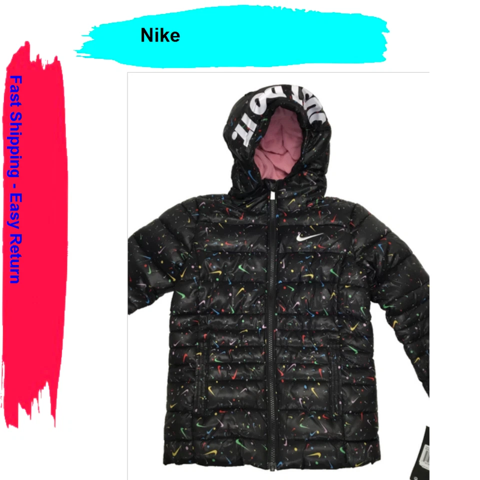 Nike X2509 Kids Black Just Do It Printed Hooded Puffer Jacket Size 3T