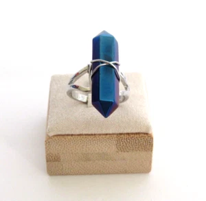 Blau Titan Kristall verstellbarer heilender Edelstein Silberdraht umwickelter Ring - Bild 1 von 7