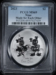 2023 $2 Niue 1 oz .999 Fine Silver PCGS MS 69 | Made for Each Other Disney - Picture 1 of 4