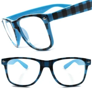 Blue Plaid Print Retro Mens Womens Geek Nerd Clear Lens Fashion Eye Glasses - Picture 1 of 4