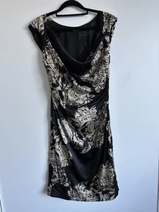 Nougat London, Black W/h Gold Pattern Ruched Silk Dress w/h Cowl, Size 10/2 - Picture 1 of 8