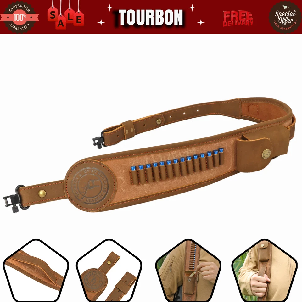TOURBON Canvas Rifle Sling .22LR Bullets Holder Pouch Finger Rest w/Swivels Clip - Image 1 of 4