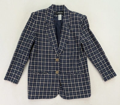Sag Harbor Vintage Women's Blazer Jacket Size 4P Linen Blend Blue Plaid 90s - Image 1 of 4