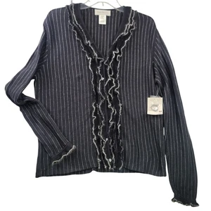 Susan Bristol 90's Vintage Deadstock Black White Striped Cardigan M Angora Blend - Picture 1 of 11