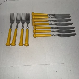 Vintage Oxford Hall Gabel Messer gelber Griff Besteck Edelstahl Japan 11er Set - Bild 1 von 6