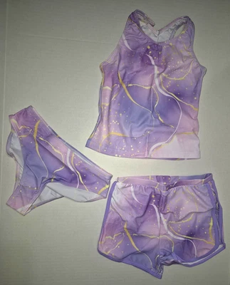 Traje de baño Tankini de 3 piezas geométrico púrpura para niñas con pantalones cortos y bikini talla 9 nuevo con etiquetas Foto 1 de 4