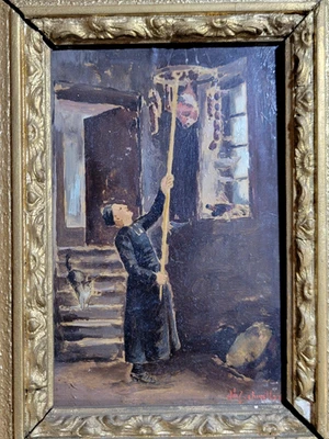 Pintura a óleo holandesa em miniatura do século XIX quadro antigo de cura de carne de gato e monge - Imagem 1 de 4