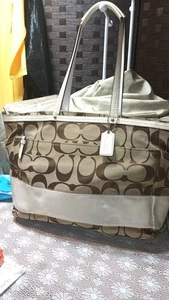 COACH SIGNATURE DIAPER/ BABY BAG/ Tan w/Brown Logo & White Double Handles - Picture 1 of 14