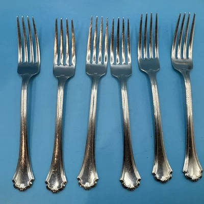 Set/6 Oneida USA MIDTOWNE DINNER FORKS Glossy Stainless Steel 7 3/8” MADE IN USA - Image 1 of 4