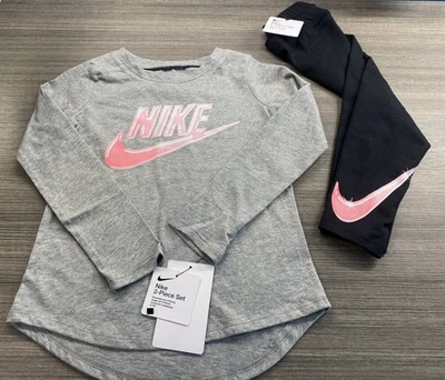NUEVO Nike Niña Manga Larga Activa Camisa y Negro Rosa Legging Conjunto de 2 Piezas 5T Foto 1 de 4