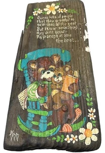 handmade children wall artwork signed Knn wood bears cub chair 10.5x5" READ - Picture 1 of 8