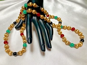Amazing Rare Ciner Multicolor Jadeite 10K Gold Foil Bead 32" Statement Necklace - Picture 1 of 16