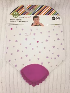 Baby Cotton Drool Bib with 100% Silicone Teether Hearts Pink Stripe - Picture 1 of 2
