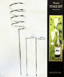 PICNIC WINE BOTTLE and GLASS HOLDER STAKES SET Camping Beach OUTDOOR BBQ'S - Picture 1 of 1