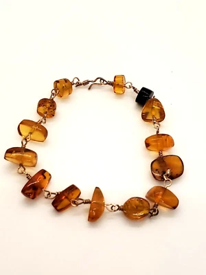 Pulsera de plata de ley con cuentas de ámbar genuino de 7 pulgadas envuelta en alambre artesanal Foto 1 de 3