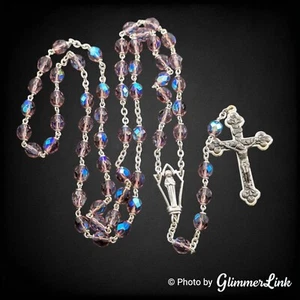 Vintage Pink Aurora Borealis Faceted Beaded Silver Tone Catholic Rosary - Picture 1 of 10