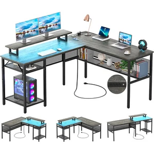 L Shaped Computer Desk Desk w/Power Outlets & LED Light Home Office Corner Desk - Picture 1 of 22