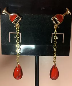 RED WINE GLASS STUD EARRINGS WITH GOLD DANGLY CHAIN & RED TEAR DROP DRIP HANDMAD - Picture 1 of 1