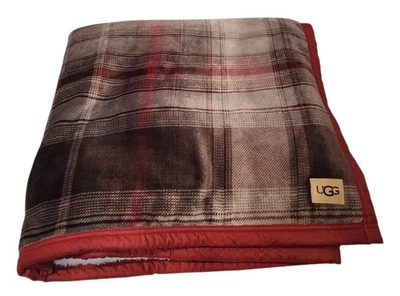 UGG Luxury Throw Blanket King Size 106" X 92" Brown Red Plaid Winter Sherpa NEW - Image 1 of 3