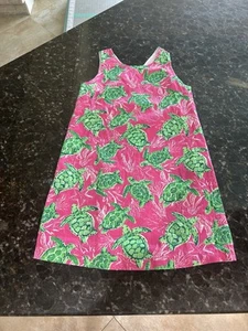 EUC TOMMY BAHAMA Hot Pink Sea Green Turtle Print A-line Sleeveless Dress Girl 10 - Picture 1 of 2