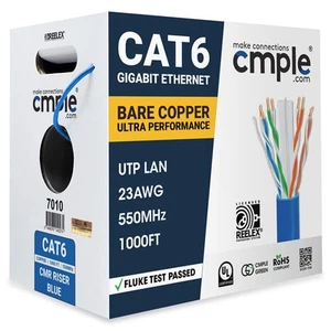 1000 Feet Cat6 Bulk Cable UL Rated Bare Copper LAN Network Wire CMR Cat 6 Cord - Picture 1 of 11