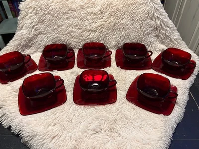 Blood Royal Ruby Red Glass Charm 8 Cup and Saucer Sets 16pc Anchor Hocking - Image 1 of 4