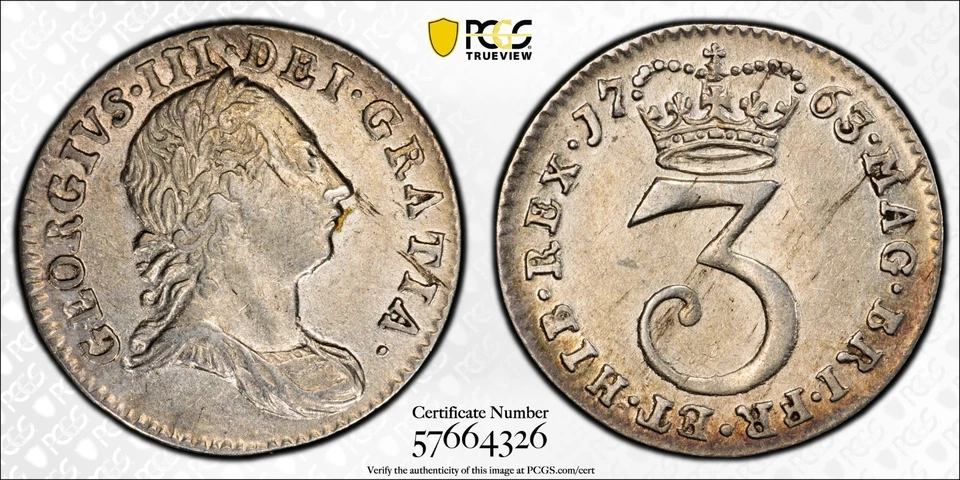 GREAT BRITAIN 3 Pence 1763/5 Overdate, PCGS AU53 About UNC, 2nd Finest Rare. K8 - Image 1 of 4