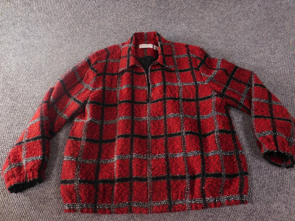 Alfred Dunner Jacket 14 Red Womens plaid zip Fuzzy designer - Image 1 of 4